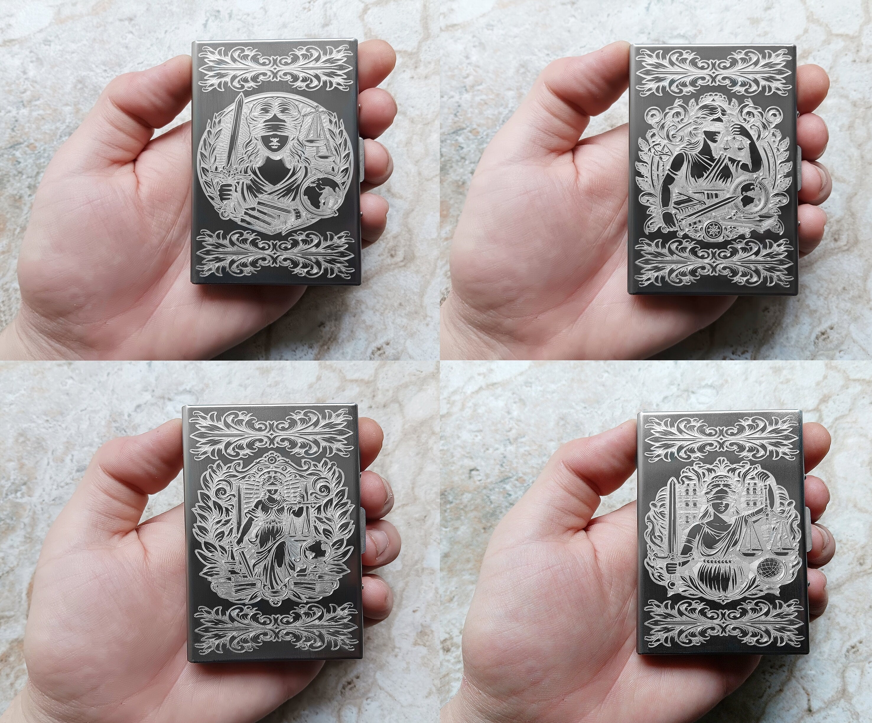 Top View of examples of Engraved Lady Justice Case Wallet